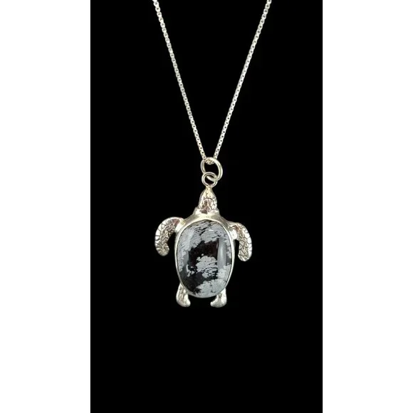 Vintage Turtle Pendant Necklace Snowflake Obsidian Stone Chain Sterling Silver - Picture 4 of 12